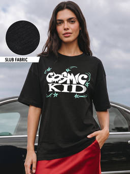 Bewakoof - Black Cosmic Kid Graphic Printed Oversized T-shirt