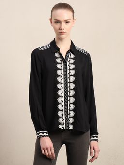 VERO MODA - Black Contrast Embroidery Viscose Shirt