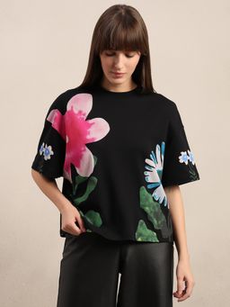VERO MODA - Floral Printed Black T-Shirt