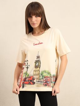 VERO MODA - Ecru Printed Cotton T-Shirt