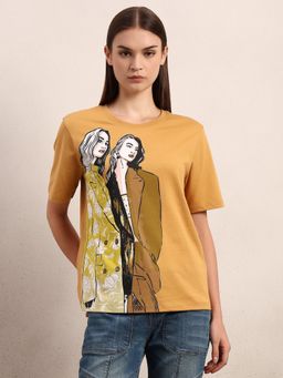 VERO MODA - Mustard Printed Cotton T-Shirt