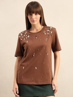 VERO MODA - Bitter Chocolate Embellished T-Shirt