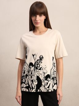 VERO MODA - Ecru Printed Cotton T-Shirt