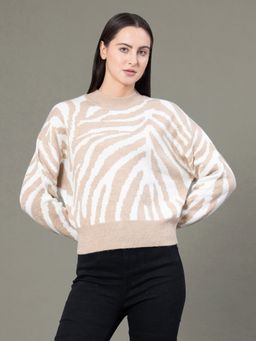 Red Tape - Women's Beige Acrylic Polyester Woven Design Sweater