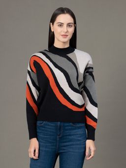 Red Tape - Women's Black And Orange Poly Viscose Nylon Abstract Design Sweater