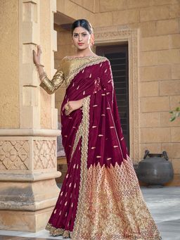 Odette - Maroon Colour Pure Viscose Weaved Silk Embroidered Saree with Unstitched Blouse