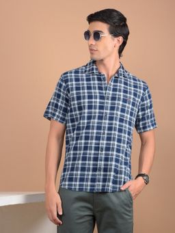 CRIMSOUNE CLUB - Men Navy Blue Pure Cotton Checked Shirt