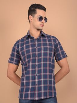 CRIMSOUNE CLUB - Men Navy Blue Checked Pure Cotton Shirt