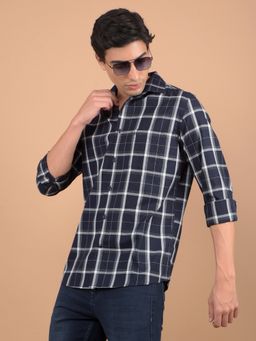 CRIMSOUNE CLUB - Men Navy Blue Checked Pure Cotton Shirt
