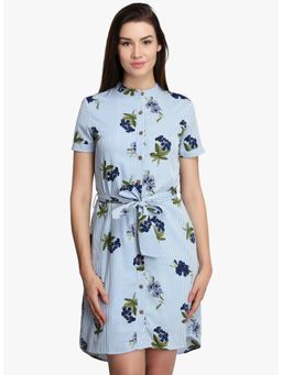 Dodo & Moa - Women Blue Floral Printed Dress with Belt (Set of 2)