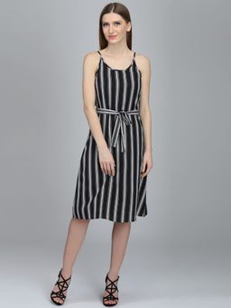 Dodo & Moa - Women Black Stripe Dress with Belt (Set of 2)