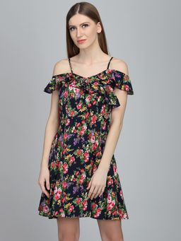 Dodo & Moa - Women Navy Blue Floral Print Dress