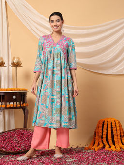 Zelena - Women Turquoise Rayon Printed Maternity Feeding Kurta with Pant (Set of 2)