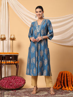 Zelena - Women Blue Viscose Maternity Feeding Kurta with Pant (Set of 2)
