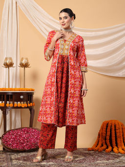 Zelena - Women Red Cotton Printed Maternity Feeding Kurta with Pant (Set of 2)