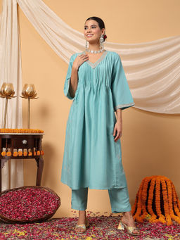 Zelena - Women Turquoise Polyester Maternity Feeding Kurta with Pant (Set of 2)