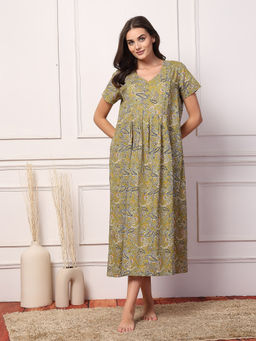 Zelena - Women Olive Half Sleeves Cotton Printed Maternity Feeding Nighty
