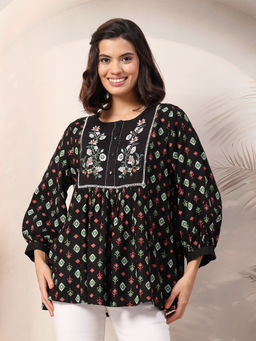 Zelena - Women Black Rayon Printed Maternity Zipless Feeding Top