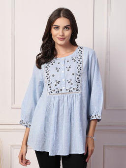 Zelena - Women Blue Cotton Embroidered Maternity Zipless Feeding Top