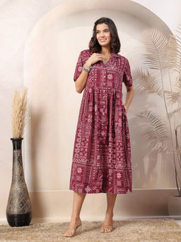 Zelena - Women Wine Half Sleeves Viscose Rayon Printed Maternity Zipless Feeding Dress