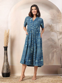 Zelena - Women Blue Half Sleeves Viscose Rayon Printed Maternity Zipless Feeding Dress