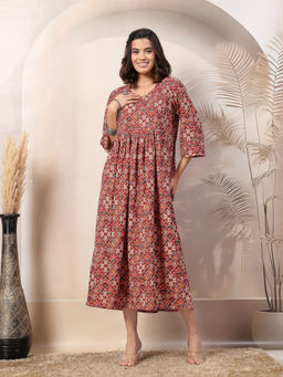 Zelena - Women Red Rayon Floral Printed Maternity Feeding Dress