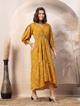 Zelena - Women Mustard Rayon Printed Maternity Zipless Feeding Dress