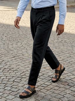 Dennis Lingo - Black Slim Fit Solid Pleated Trouser with Elasticated Waist