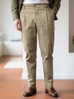 Dennis Lingo - Beige Slim Fit Solid Pleated Trouser with Elasticated Waist