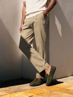 Dennis Lingo - Olive Slim Fit Solid Pleated Trouser with Elasticated Waist
