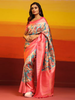 Silk Land - Kanchipuram Pattu Digital Print Silk Pink Saree with Unstitched Blouse
