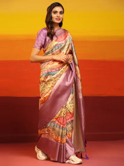 Silk Land - Kanchipuram Pattu Digital Print Silk Purple Saree with Unstitched Blouse