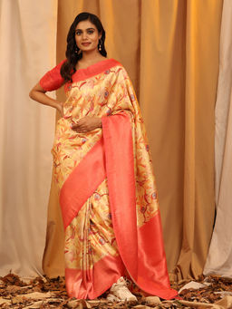 Silk Land - Kanchipuram Pattu Digital Print Silk Peach Saree with Unstitched Blouse