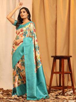 Silk Land - Kanchipuram Pattu Digital Print Silk Blue Saree with Unstitched Blouse