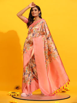 Silk Land - Kanchipuram Pattu Digital Print Silk Peach Saree with Unstitched Blouse