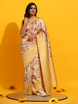 Silk Land - Kanchipuram Pattu Digital Print Silk Yellow Saree with Unstitched Blouse