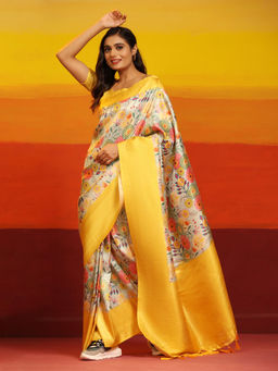 Silk Land - Kanchipuram Pattu Digital Print Silk Yellow Saree with Unstitched Blouse