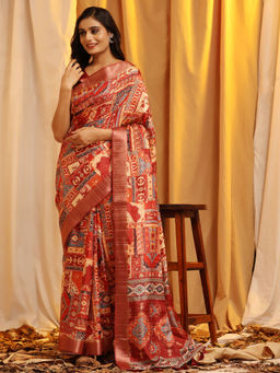 Silk Land - Banarasi Kota Silk Woven Red Saree with Unstitched Blouse