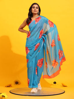 Silk Land - Soft Silk Bollywood Digital Print Blue Saree with Unstitched Blouse