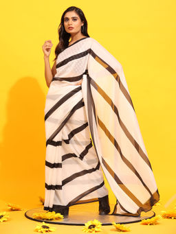 Silk Land - Soft Silk Bollywood Digital Print White Saree with Unstitched Blouse