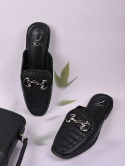 Jove - Women Black Woven Design Mules