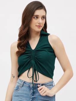 Kibo - Womens Teal Green Drawstring Crop Top