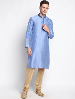 Devoiler - Men Embroidered Steel Blue Silk Kurta