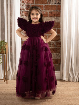Mini Stitch - Angel Sleeves 3D Floral Embellished Party Wear Ball Gown for Girls-Wine
