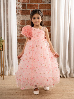 Mini Stitch - One Shoulder Ruffled Gown with 3D Flowers & Butterflies for Girls-Peach