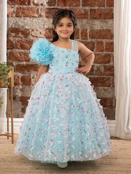 Mini Stitch - Ruffled Gown with 3D Flowers & Butterflies for Girls-Sky Blue