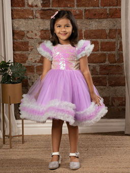 Mini Stitch - Frilled Sleeves and Sequin Body Party Dress for Baby Girls-Purple