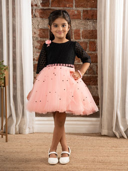 Mini Stitch - Fit and Flare Dress with Pulse Beaded Belt for Baby Girls-Black & Pink