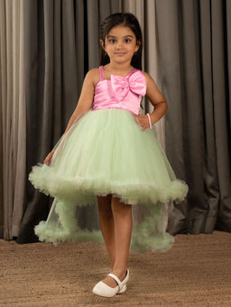 Mini Stitch - Satin Bow Detailed High and Low Party Frock for Girls-Pink & Green