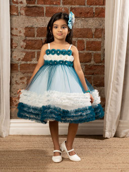 Mini Stitch - Flower Embellished Sleeveless Multi Layered Party Dress for Girls-Blue